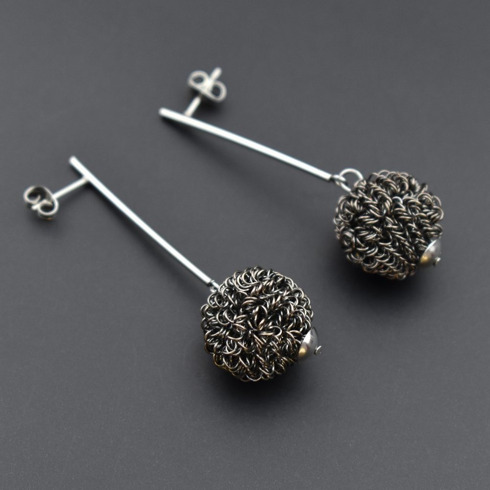 Large ball earrings dangle, silver unmatched earrings